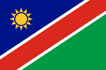 Close-up of blue, red and green national flag of African country of Namibia with yellow sun. Illustration made February 11th, 2024, Zurich, Switzerland.