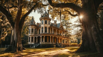 majestic Victorian mansion surrounded by mature trees, embodying the grandeur of a bygone era