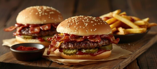 Two hamburgers topped with bacon and pickles are served on a cutting board alongside crispy fries and a side of ketchup.