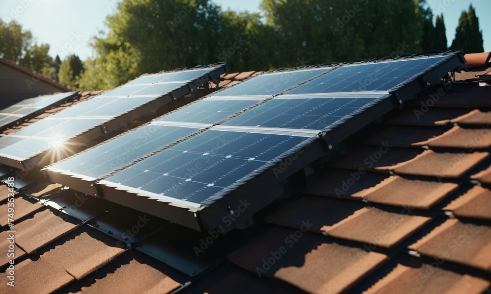 Wall mural Solar panels on the roof of a house. Alternative energy source.