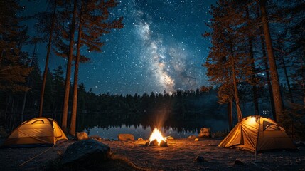 Naklejka premium Camping under the Stars: A cozy campsite under a starry night sky, with a crackling campfire and silhouetted tents, conveying the joy of outdoor camping