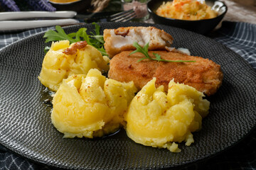 Fried cod fillet served.