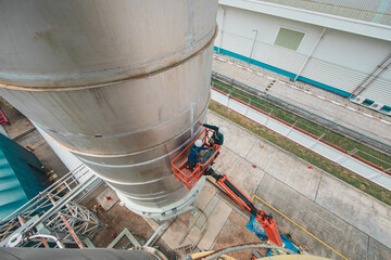 Male industry working at high in a boom liftinspection tank silo © chitsanupong