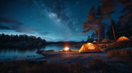 Poster Camping under the Stars: A cozy campsite under a starry night sky, with a crackling campfire and silhouetted tents, conveying the joy of outdoor camping © Nico