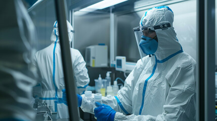 Amidst the sterile environment of the biotechnology laboratory, workers in protective suits engineer and manipulate biological systems, their innovative work paving the way for bre - obrazy, fototapety, plakaty