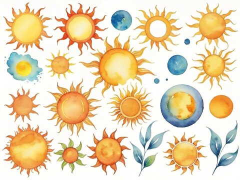 set of watercolor planets of solar system on white