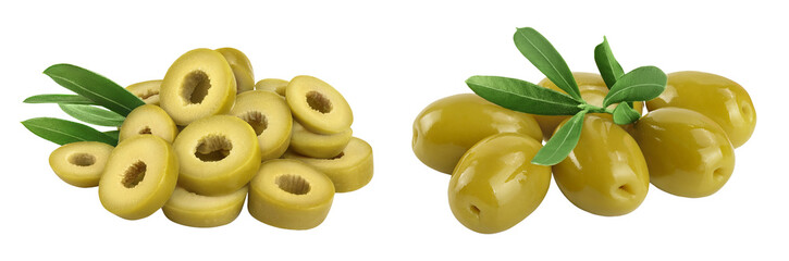 Green olives with leaves isolated on a white background with full depth of field.