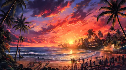 Papier Peint photo Coucher de soleil sur la plage a stunning tropical landscape featuring a beautiful beach with palm trees at sunset.