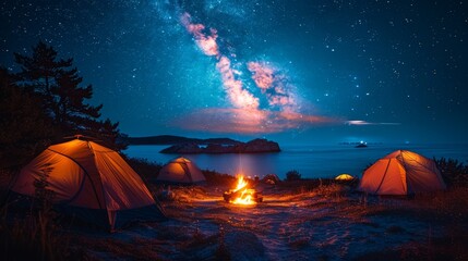 Camping under the Stars: A cozy campsite under a starry night sky, with a crackling campfire and silhouetted tents, conveying the joy of outdoor camping