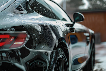 Black sports car gets a professional shampoo wash