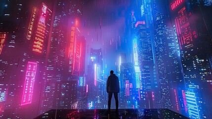 Cyberpunk streets illustration, futuristic city, dystoptic artwork at night - obrazy, fototapety, plakaty