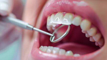 Dental checkup with mirror, close-up on teeth, selective focus.