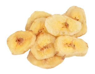 Dried banana chips isolated on white background with full depth of field. Top view. Flat lay