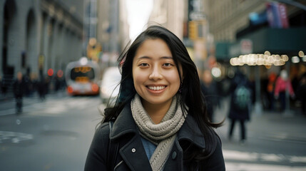 Fototapeta premium A Smiling Asian Woman Captures the Spring Spirit