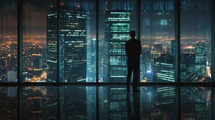 Fotobehang Silhouette of businessman stands in the office looking through the window glass to night cityscape with skyscrapers ,road and night sky,business vision concept. © Spaces