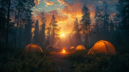 Camping under the Stars: A cozy campsite under a starry night sky, with a crackling campfire and silhouetted tents, conveying the joy of outdoor camping - obrazy, fototapety, plakaty