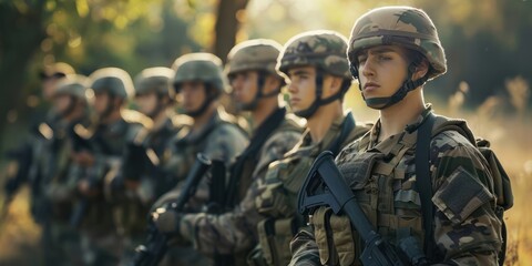 A row of soldiers in military uniform, military recruitment concept  - obrazy, fototapety, plakaty