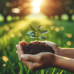 Environment Earth Day In the hands of trees growing seedlings.
Bokeh green Background Female hand holding tree on nature field gra