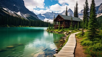 Fototapeta na wymiar A cozy wooden house, a path on the shore of a turquoise lake near the Rocky high mountains. A log cabin for summer tourists in the national park. Horizontal Banner, Travel, Tourism, Nature, Copy space