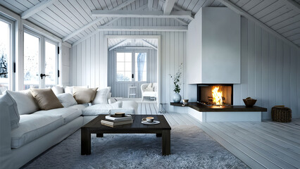 A cozy and inviting Scandinavian-style living room, with white walls 