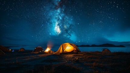 Fototapeta na wymiar Camping under the Stars: A cozy campsite under a starry night sky, with a crackling campfire and silhouetted tents, conveying the joy of outdoor camping