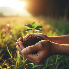 Environment Earth Day In the hands of trees growing seedlings.
Bokeh green Background Female hand holding tree on nature field gra - obrazy, fototapety, plakaty