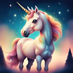 Poster Beautiful unicorn is standing with trees on night background