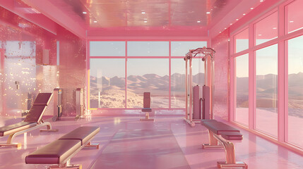 modern gym with pink lighting. There is a window in the background that overlooks a desert landscape.