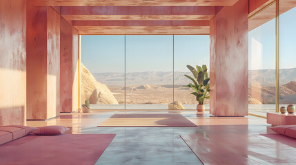 modern gym with pink lighting. There is a window in the background that overlooks a desert landscape.
