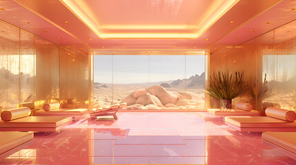 modern gym with pink lighting. There is a window in the background that overlooks a desert landscape. - obrazy, fototapety, plakaty