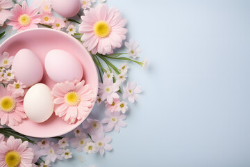 Fototapeta na wymiar Pastel pink colored easter eggs on plate with flowers on side of blue background with copy space