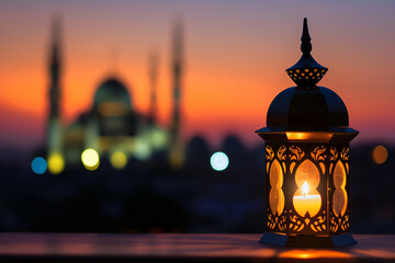 Ornamental Arabic Lantern. Ramadan Kareem Background. Mosque silhouette