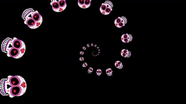 Seamless psychedelic background with Mexican sugar skulls spiral isolated with alpha channel. Halloween vector style animation with catrina illustration 