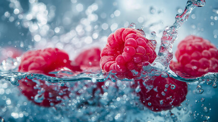 Fresh raspberries falling in water. Background with berries