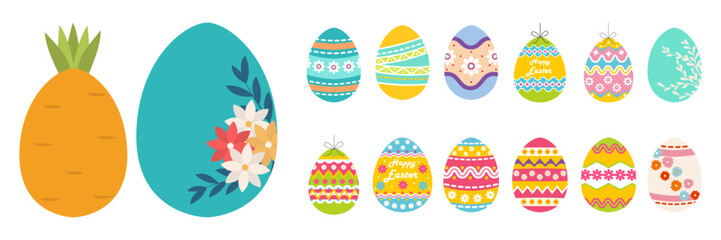Happy Easter. Set of Easter eggs with different textures on a white background. Spring holiday. Vector Illustration. Happy easter eggs