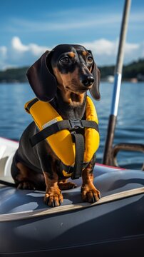 A small brown dachshund is sitting in a yellow life jacket on a rubber boat with a sunny day on the background of a forest landscape.