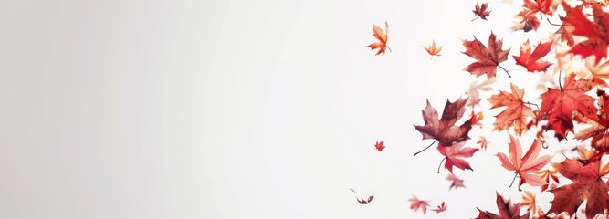 Autumn banner with falling maple leaves against white background with copyspace for text or product	

