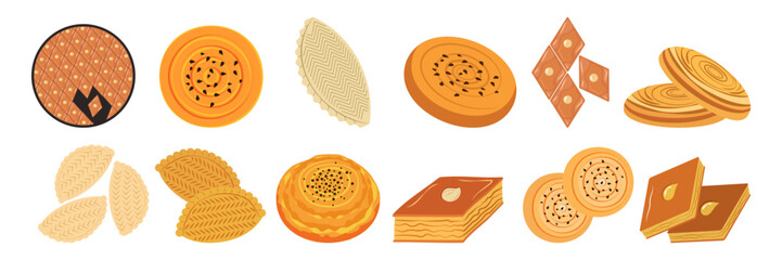 Nowruz holiday with sweets as baklava, desserts, Shakarbura and tasty, snacks. Spring Novruz