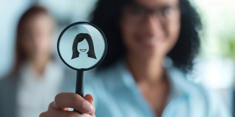 Businesswoman hand holding magnifying glass, employee recruitment  - Powered by Adobe