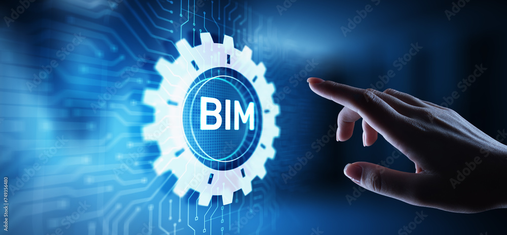 Poster bim building information modeling technology concept on virtual screen.