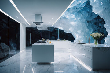 interior design, a modern white spacious, futuristic crystal kitchen in a glowy crystal cave with crystals, modern, architecture concept