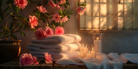 Gentle mysterious fairy tale background with flowers and burning candles, Flowers in the window
