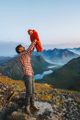 Family vacations father hiking with infant baby outdoor active healthy lifestyle traveling in Norway summer trip man with child exploring Lofoten islands, Fathers day holiday - 749356693