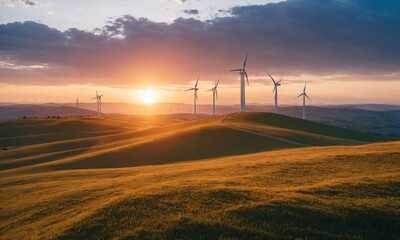 Obraz premium Wind turbines on the hills at sunset. Windmills for electric power production.