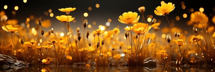 Chamomile Flowers Field Wide Background, with lights, light black and yellow, Background HD, Illustrations