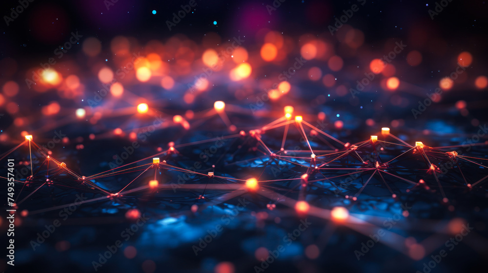 Poster abstract network connection with nodes and bright links on dark background, concept of digital techn