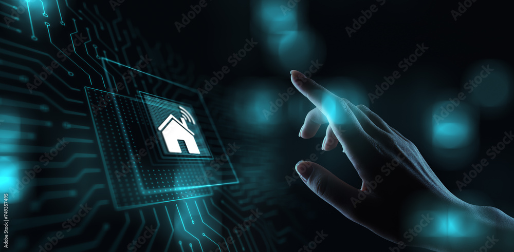 Poster smart home control panel on virtual screen. iot and automation technology concept.