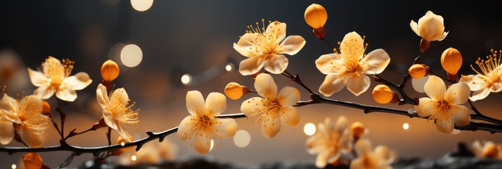 Cherry Blossoms Over Blurred Nature, with lights, light black and yellow, Background HD, Illustrations