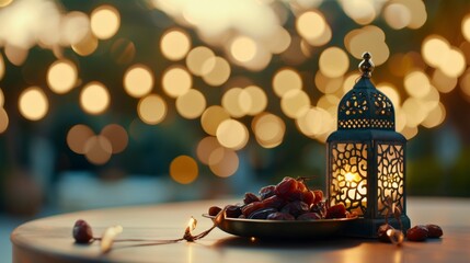 Ramadan Eid background with star crescent moon lights, moon decorative elements and lanterns. - obrazy, fototapety, plakaty
