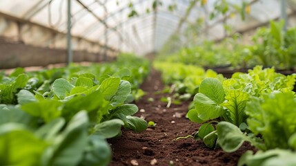 Growing salad harvest and producing vegetables cultivation in greenhouse. Concept of small eco green business organic farming gardening and healthy food	
